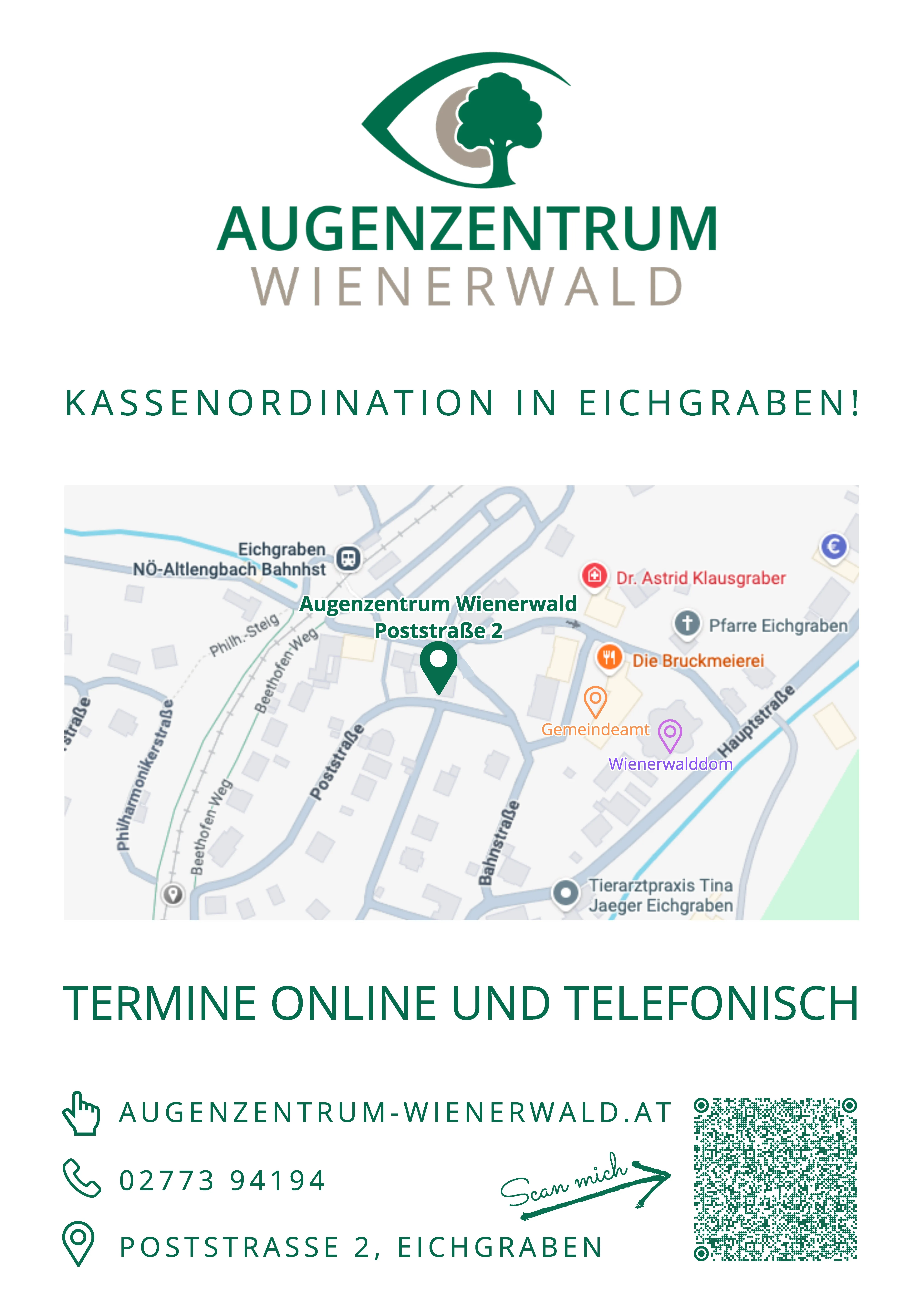Eine Karte von Augenzentrum Wienerwald in Eichgraben mit spezifischen Standorten wie Dr. Astrid Klausgraber und Tierarztpraxis Tina Jaeger Eichgraben. Termine sind online und telefonisch verfügbar.