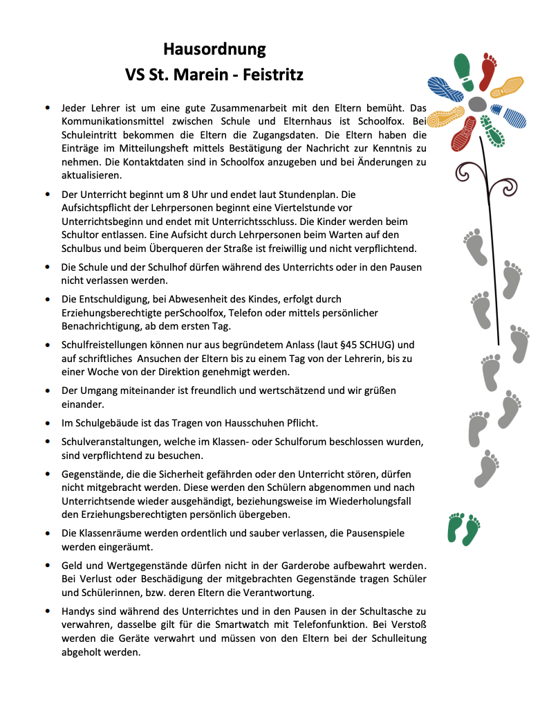Ein Dokument beschreibt Schulrichtlinien, einschließlich der Zusammenarbeit von Lehrern mit Eltern über Schoolfox, Klassenstartzeiten, Entlassungsverfahren und Teilnahme an Schulveranstaltungen.