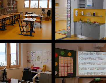 Eine Collage aus vier Bildern, die verschiedene Teile eines Klassenzimmers zeigen. Das erste Bild zeigt ein Klassenzimmer mit Tischen und Stühlen. Das zweite Bild zeigt eine gelbe Wand mit einem Waschbecken und einem Schrank. Das dritte Bild zeigt ein Klassenzimmer mit einer Tafel und einem Fenster. Das vierte Bild zeigt ein Klassenzimmer mit einem Monitor und einer Pinnwand.