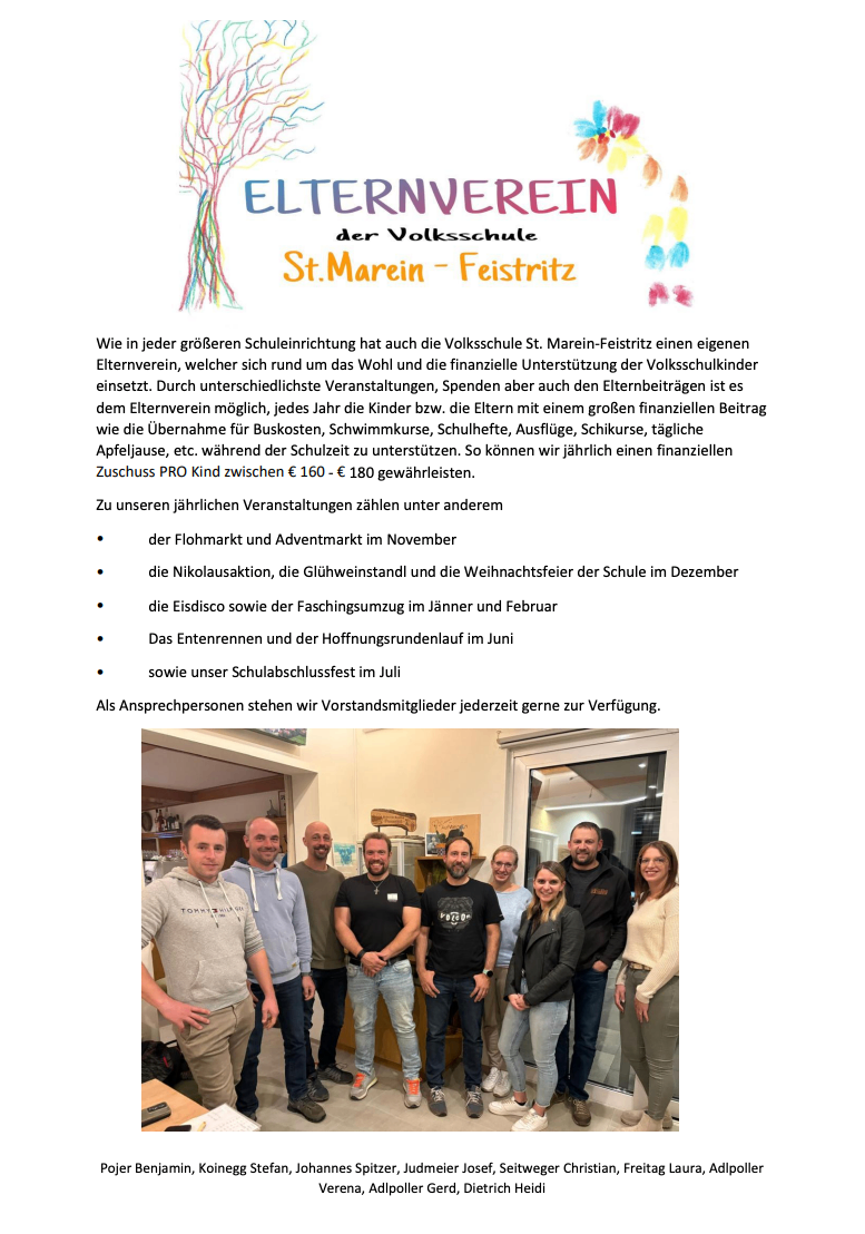 Ein Flyer für die Volksschule St. Marien-Feistritz mit einer Gruppe von Erwachsenen in einem Raum, die wahrscheinlich über Schulaktivitäten sprechen. Der Text betont die Bedeutung des Elternvereins, der finanziellen Unterstützung für Schulkinder und verschiedene Veranstaltungen im Laufe des Jahres.