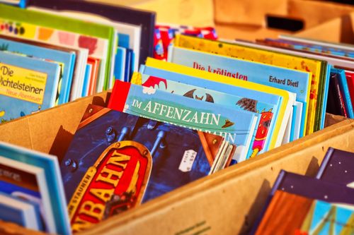 Ein Karton voller bunter Kinderbücher, einige mit deutschen Titeln, ordentlich gestapelt.