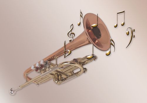 Eine goldene Trompete mit Musiknoten, die um sie herum auf einem hellen Hintergrund schweben.