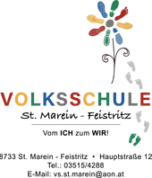 Eine bunte Blume aus Schuhen mit dem Wort Volksschule darunter in leuchtenden Farben geschrieben.