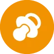 Gelber Kreis mit einem weißen Symbol eines Schnullers, was auf Kleinkinder oder Babys hinweist.