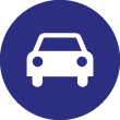 Symbol eines weißen Autos in einem blauen Kreis auf schwarzem Hintergrund.