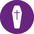 Ein weißer Sarg mit einem violetten Kreuz in der Mitte auf violettem Hintergrund.