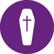 Ein weißer Sarg mit einem violetten Kreuz in der Mitte auf violettem Hintergrund.