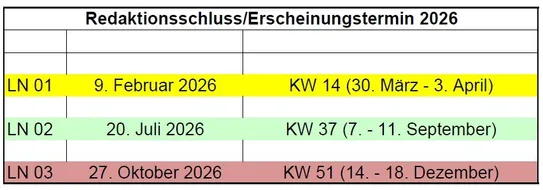 Die Tabelle zeigt die Redaktionsschluss- und Erscheinungstermine für 2026. Der erste Redaktionsschluss ist am 9. Februar 2026 für die 14. Kalenderwoche vom 30. März bis 3. April. Der zweite Redaktionsschluss ist am 20. Juli 2026 für die 37. Kalenderwoche vom 7. bis 11. September. Der dritte Redaktionsschluss ist am 27. Oktober 2026 für die 51. Kalenderwoche vom 14. bis 18. Dezember.