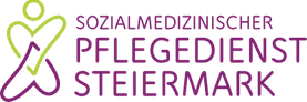 Ein lila und rosa Logo mit einem Personensymbol und dem Text 'SOZIALMEDIZINISCHER PFLEDGEDIENST STEIERMARK'. Der Text ist in fetter und stilisierter Schrift.