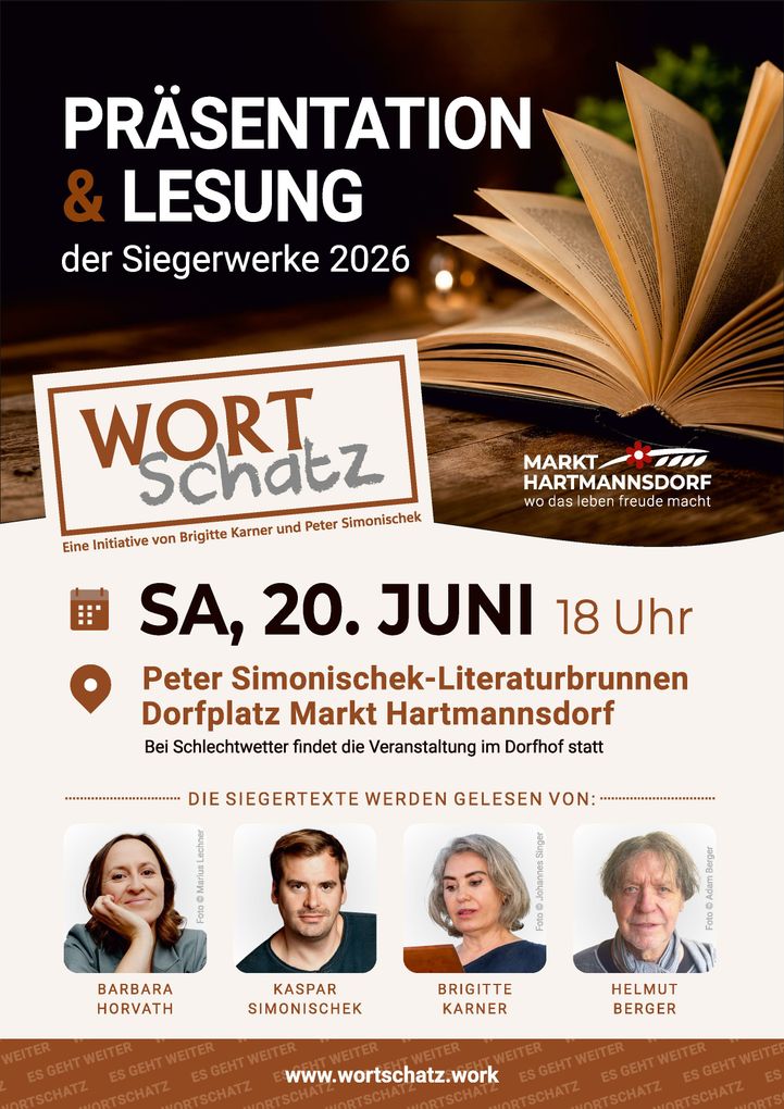  Abschnitt Bild: Ein offenes Buch, ein Veranstaltungsplakat für 'Wortschatz', eine Lesung der Siegertexte des Wettbewerbs 2026, von Simonischek am Dorfplatz, Markt Hartmannsdorf. Die Veranstaltung findet am 20. Juni um 18 Uhr statt.