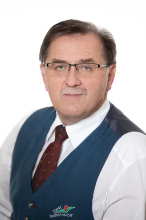 Ein Mann mit einem Schnurrbart und Brille trägt eine blaue Weste und eine rote Krawatte. Er hat einen ernsten Ausdruck.