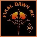 Das Final Dawn MC-Logo auf schwarzem Hintergrund zeigt ein zentrales Schwertdesign mit einem orange-gelben Farbverlauf, vor schwarzem Hintergrund. Der Text 'FINAL DAWN MC' ist in fetter, stilisierter Schrift, mit '64' in kleinerer Schrift darunter.
