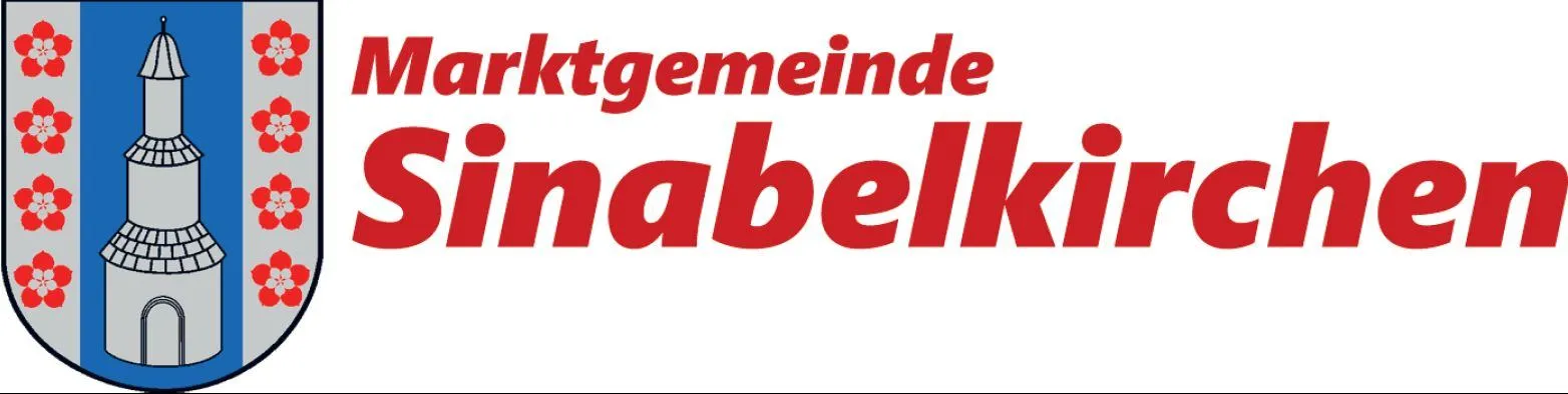 Das Logo der Marktgemeinde Sinabelkirchen, mit einem Turm und roten Blumendesign auf weißem Hintergrund.