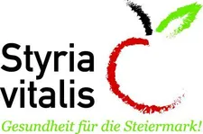 Das Logo für Styria Vitalis, eine Gesundheitsinitiative für die Steiermark, Österreich, zeigt einen roten Apfel mit einem grünen Blatt und einem roten Kreis, mit dem Text 'Gesundheit für die Steiermark!'