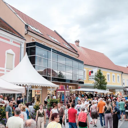 Ein geschäftiger Straßenmarkt mit Menschen, die einkaufen und die Atmosphäre genießen. Verschiedene Geschäfte säumen die Straße, und einige haben Zelte davor. Menschen gehen herum, manche mit Taschen, andere stöbern in den Geschäften. Es gibt Blumen und Pflanzen zur Schau.