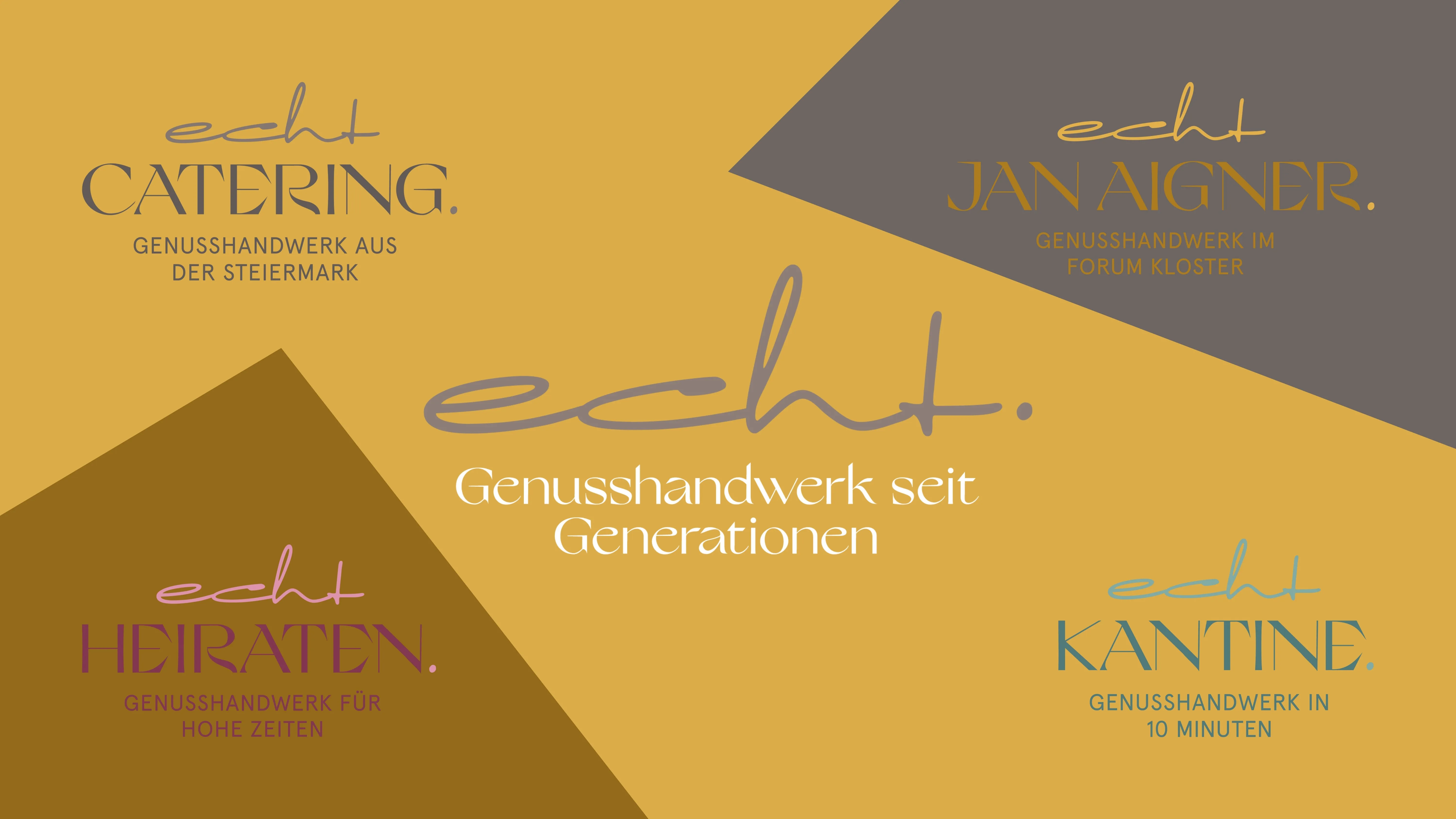 Werbung für ein Produkt namens Echt, mit einem gelben und grauen Hintergrund, die Handwerkskunst und generationsübergreifende Anziehungskraft hervorhebt.