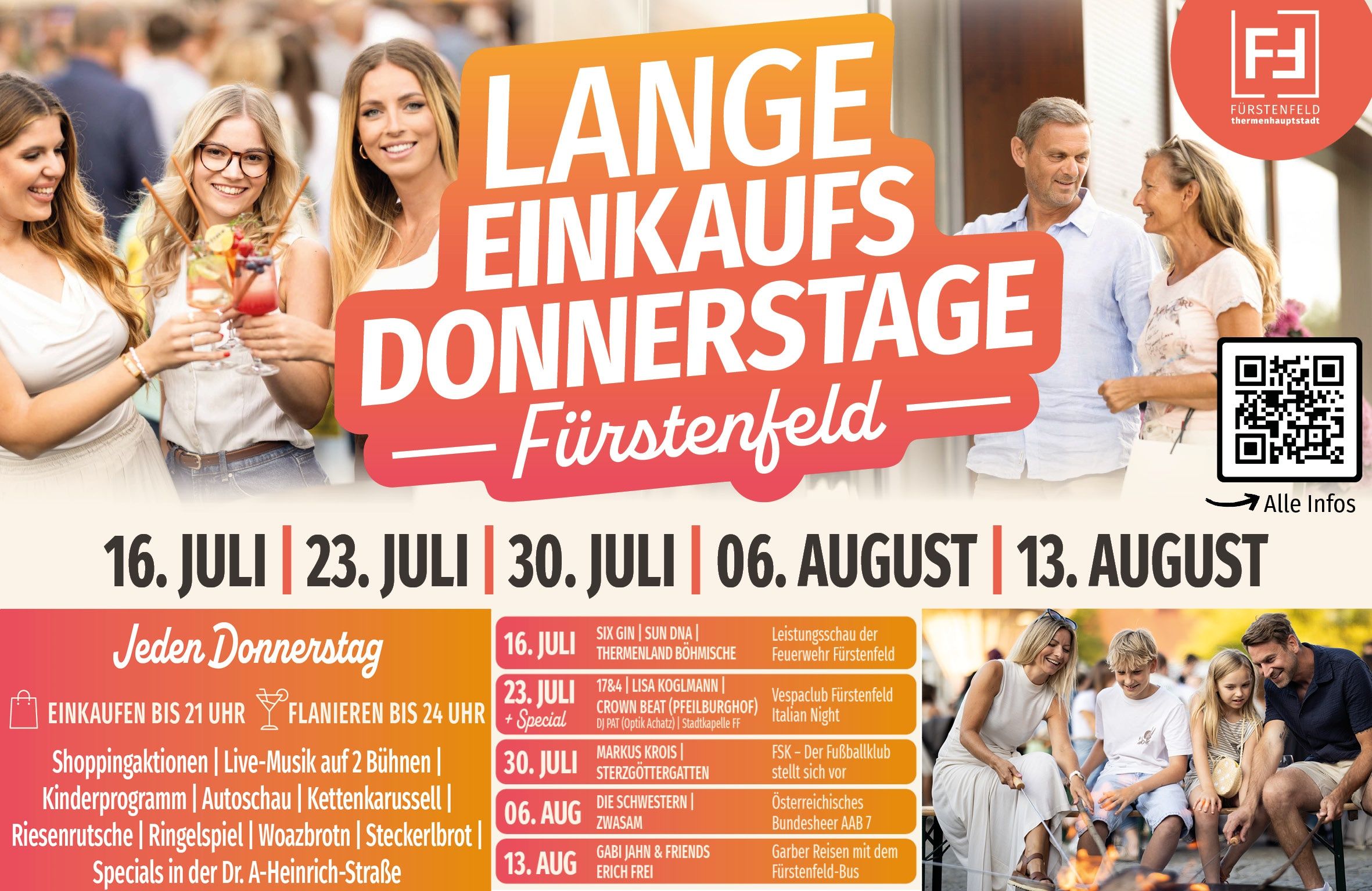 Plakat für Lange Einkaufsdonnerstage in Fürstenfeld, mit verschiedenen Aktivitäten und Daten vom 16. Juli bis 13. August. Es beinhaltet Live-Musik, Essensstände und besondere Veranstaltungen.