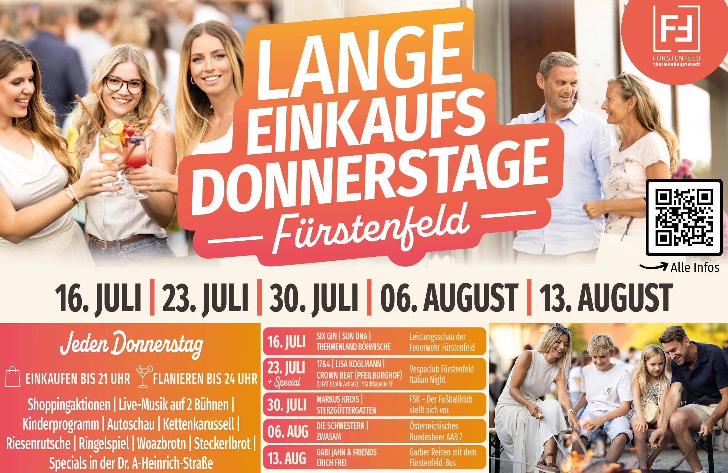 Plakat für Lange Einkaufsdonnerstage in Fürstenfeld, mit verschiedenen Aktivitäten und Daten vom 16. Juli bis 13. August. Es beinhaltet Live-Musik, Essensstände und besondere Veranstaltungen.
