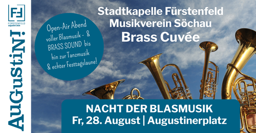 Plakat für eine Brass-Musik-Veranstaltung mit Blechblasinstrumenten vor einem blauen Himmelshintergrund mit Text in Deutsch und Englisch.