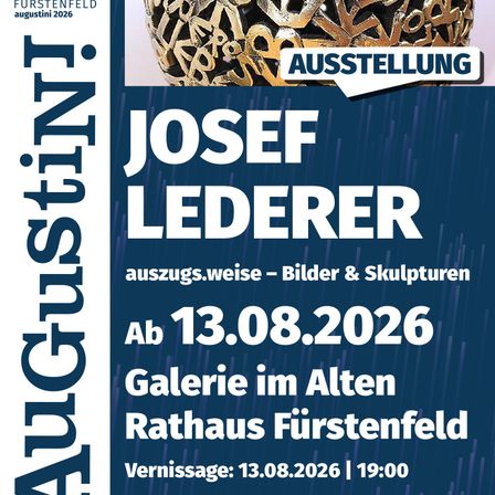 Ein Werbeplakat für eine Kunstausstellung von Josef Lederer, das eine komplizierte goldene Skulptur zeigt. Das Plakat enthält das Ausstellungsdatum, den Veranstaltungsort und die Öffnungszeiten.