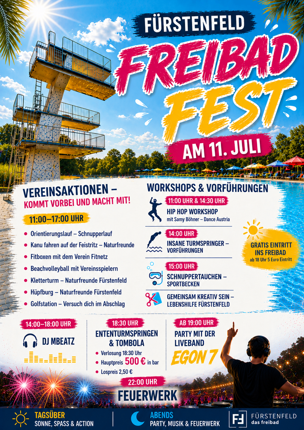 Das Freibad Fest am 11. Juli bietet Aktivitäten wie Orientierungslauf, Schwimmen und Fitness-Challenges. Workshops und Vorführungen beinhalten Hip-Hop, Schnorcheln und kreative Sessions. Komme um 14:00 für eine kostenlose Schwimmstunde.