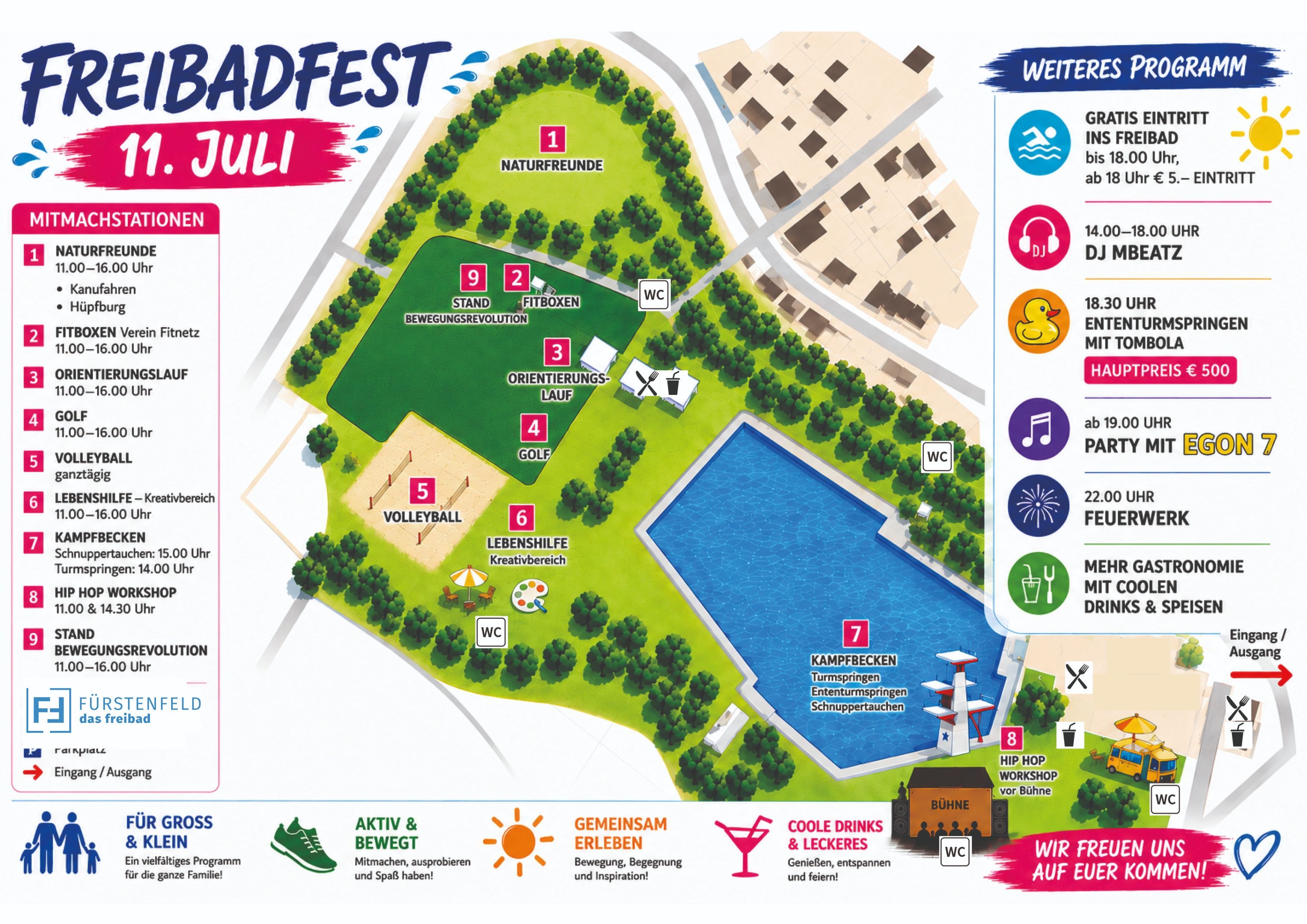 Karte des Badfest Juli. Es umfasst Bereiche für Naturfreunde, Stand, Fit-Boxen, Orientierungslauf, Golf, Volleyball, Aktivität und Bewegung, Getränke und Hip-Hop-Workshops.