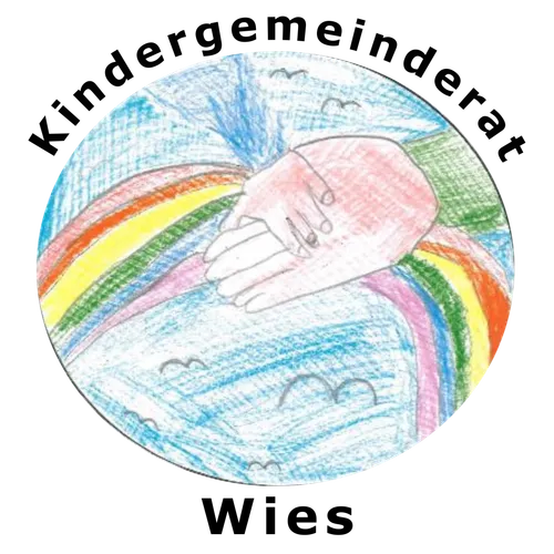 Ein handgezeichneter Kreis mit einem Regenbogen und zwei Händen, die sich darüber halten, was Einheit und Zusammengehörigkeit symbolisiert. Der Hintergrund ist blau mit Vögeln.