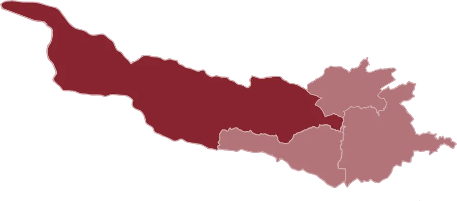 Eine Karte mit zwei verschiedenen Regionen, eine in dunkelrot und die andere in hellrosa, auf schwarzem Hintergrund.