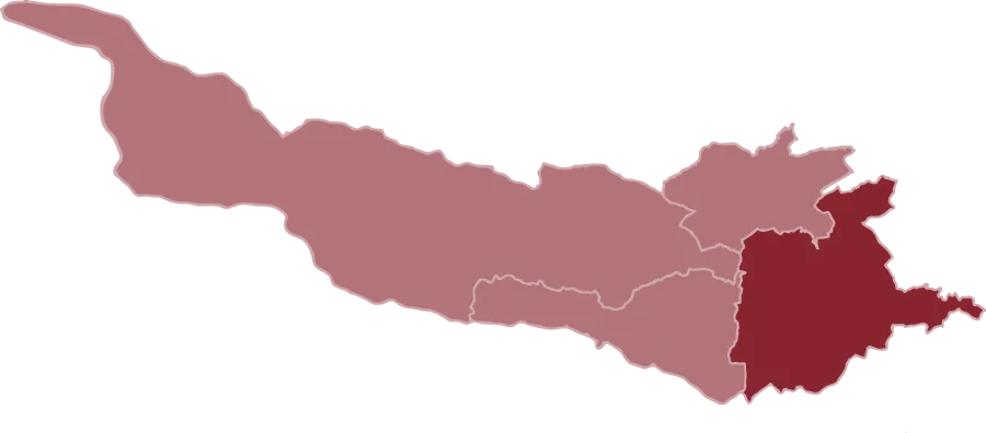 Eine Karte, die eine Region in Rosa und einen kleineren Bereich in Rot auf schwarzem Hintergrund zeigt.