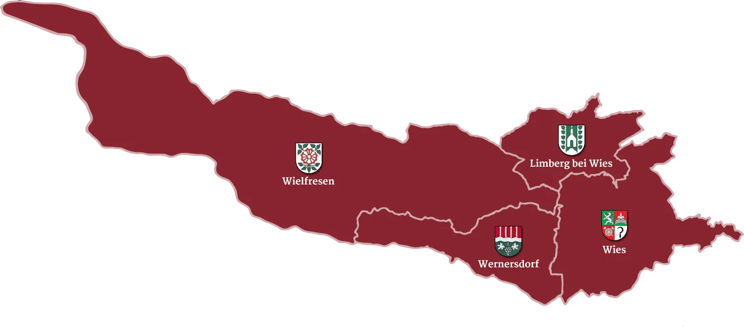 Eine Karte des Gebiets um Wielfresen und Wernersdorf, mit hervorgehobenem Rand und Wappen für jeden Ort.