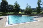 Ein leerer Außenpool mit einem gelben Schirm in der Mitte. Der Pool ist von Bäumen und Grün umgeben, mit einem klaren blauen Himmel darüber.