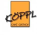 Ein orangefarbenes quadratisches Bild zeigt das Wort 'KOPPL' in schwarzer Schrift, und darunter steht 'CAFE-GASTHOF' in schwarzer Schrift.