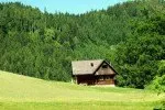 Ein kleines Holzhaus liegt eingebettet in einem üppigen grünen Feld, umgeben von dichten Wäldern unter einem klaren blauen Himmel.