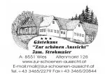 Eine Schwarz-Weiß-Zeichnung eines Bauernhauses mit dem Text 'Gastehaus Zur schonen Aussicht'. Darunter sind der Name 'Zaw. Strohmaier' und die Adresse 'A. 8551 Wies, Ahrmont 128' angegeben. Kontaktdetails umfassen eine Website und Telefonnummer.