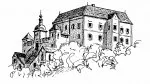 Eine Schwarz-Weiß-Zeichnung eines historischen Schlosses mit mehreren Fenstern, einem Turm und einer Spitze, umgeben von Bäumen und Büschen.