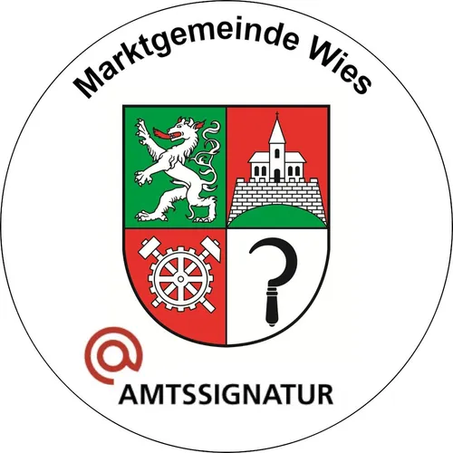 Das Bild zeigt das Logo von 'Marktgemeinde Wies'. Es enthält einen weißen Kreis mit Rand, der das Wappen in vier Abschnitte unterteilt, ein Fragezeichen und ein E-Mail-Symbol.