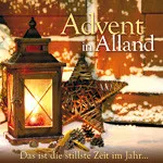 Eine Laterne mit einer brennenden Kerze im Inneren, auf einer verschneiten Oberfläche mit einer Sterndekoration. Der Hintergrund zeigt eine Ziegelwand und eine festliche Botschaft auf Deutsch.