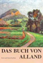 Ein Gemälde einer ländlichen Landschaft mit einem gewundenen Pfad, der durch ein üppiges grünes Tal führt. Im Hintergrund befindet sich ein Berg mit einem rötlichen Farbton, und der Himmel ist klar und blau.