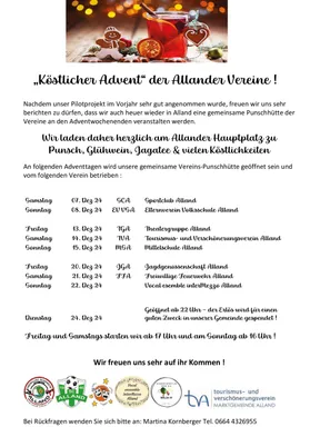 Ein festliches Plakat für die 'Köstlicher Advent' Veranstaltung der Allander Vereine, mit einer Tasse Tee, einem Lebkuchenmann und einer Zimtstange auf einem Holztisch.