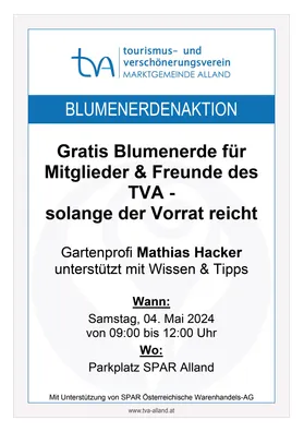 Ein Werbeplakat für eine kostenlose Blumenvergabe-Veranstaltung durch den Tourismus- und Verschönerungsverein von Alland, mit blauem Rand und weißem Hintergrund.