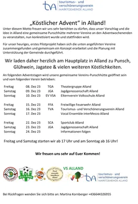 Ein Flyer für eine Gemeinschaftsveranstaltung in Alland, Österreich, mit einem Zeitplan für Veranstaltungen während der Adventszeit.