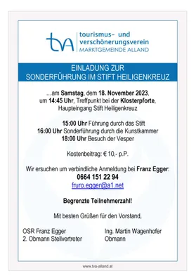 Eine Einladung zur Sonderführung im Stift Heiligenkreuz am 18. November 2023, mit Informationen über den Treffpunkt, die Führungzeiten und die Kosten.