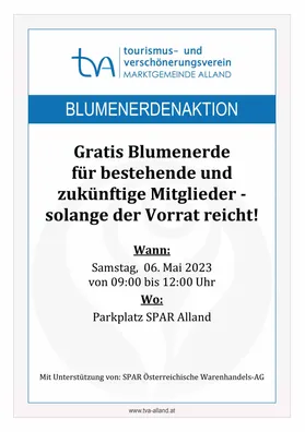 Ein Plakat, das eine kostenlose Blumenspende für bestehende und zukünftige Mitglieder der Tourismus- und Verschönerungsvereinigung der Marktgemeinde Alland ankündigt.