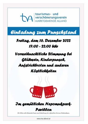 Ein Plakat für eine Vorweihnachtsveranstaltung im Nepomuk-Park-Pavillon mit zwei roten Tassen mit Weihnachtsbaumdesign und einem blauen Rand.