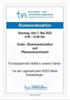 Ein Plakat für eine kostenlose Blumenspende und Pflanzentausch am 7. Mai 2022 von 9:00 Uhr bis 12:00 Uhr.