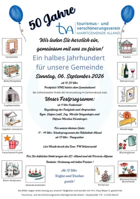 Ein Einladungsposter zum 50. Jahrestag der Alland-Gemeinde. Das Poster zeigt verschiedene Aktivitäten und Attraktionen, darunter ein Weinseminar, Museumsbesuch und Kinderprogramm.