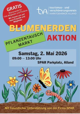 Ein Plakat, das eine kostenlose Blumentauschaktion am 2. Mai 2026 von 9:00 Uhr bis 13:00 Uhr am SPAR Parkplatz, Alland, ankündigt.