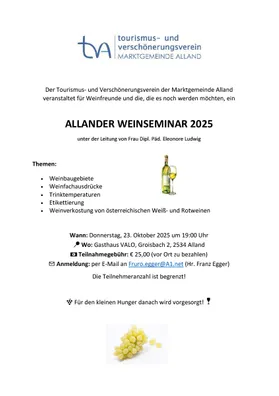 Ein Plakat für das Allander Weinseminar 2025 mit einer Flasche Wein und einer Traube.