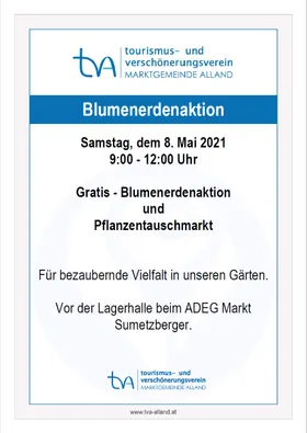 Eine Anzeige für eine kostenlose Blumenspende und Pflanzentauschaktion am Samstag, 8. Mai 2021, von 9:00 Uhr bis 12:00 Uhr am ADEG-Markt in Sumetzberger, organisiert von der Tourismus- und Verschönerungsverein Alland.