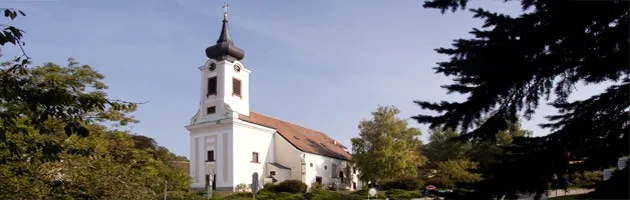 Eine weiße Kirche mit einem braunen Dach und einem hohen Turm steht inmitten üppiger Grünflächen unter einem klaren blauen Himmel.